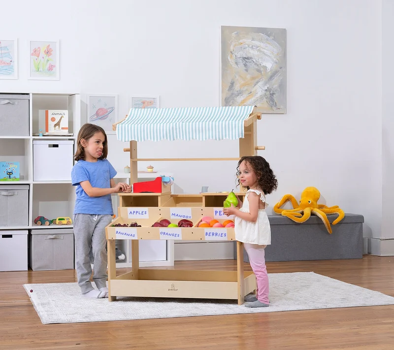 Cypress Wooden Market Stand – Pretend Play Shop for Kids with Storage