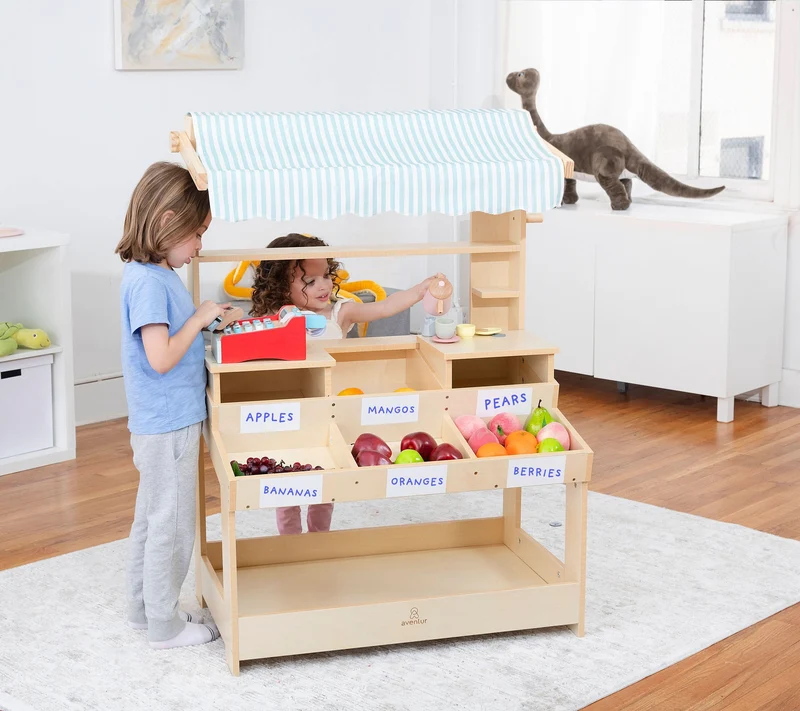 Cypress Wooden Market Stand – Pretend Play Shop for Kids with Storage