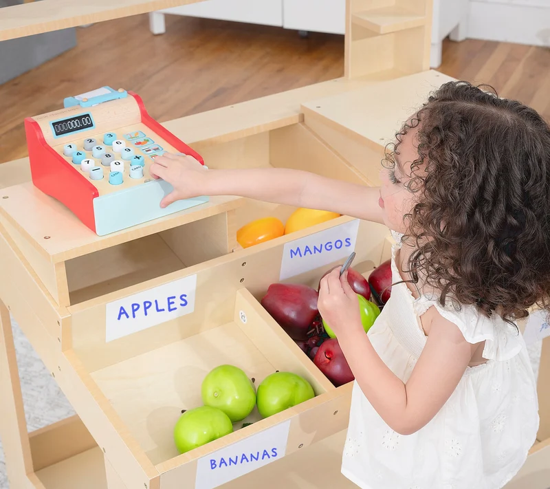 Cypress Wooden Market Stand – Pretend Play Shop for Kids with Storage
