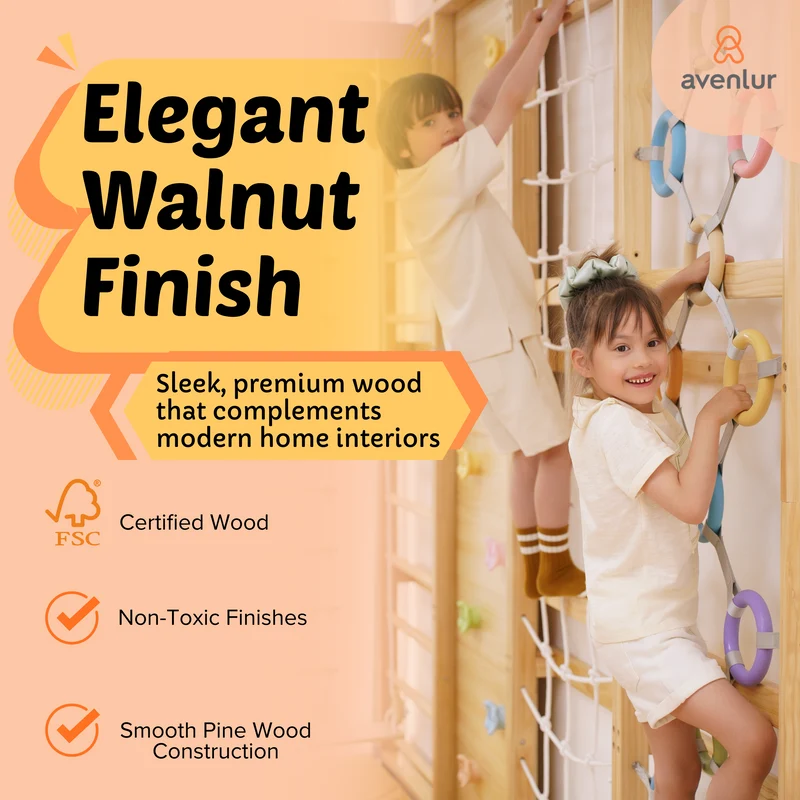 Walnut Modular 9-in-1 Swedish Ladder Wall Gym – Indoor Climber for Kids & Toddlers 95" Height