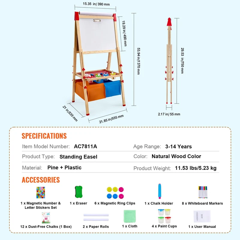 3-in-1 Wooden Double-Sided Kid's Art Easel + Accessories