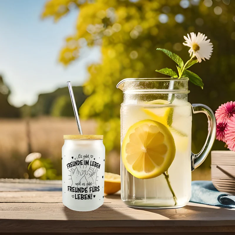 Freunde fürs Leben Trinkglas mit Bambusdeckel mit Spruch