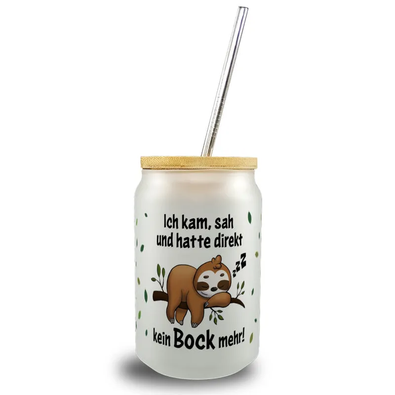 Faultier Trinkglas mit Bambusdeckel mit Spruch Ich kam sah und hatte direkt kein Bock mehr