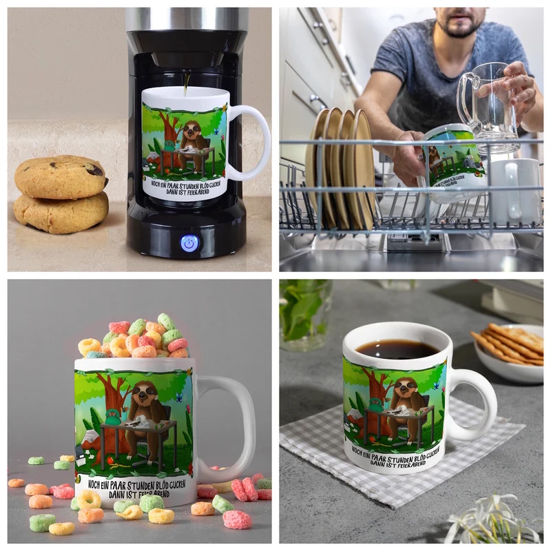 Kaffeebecher mit Faultier im Büro Dschungelmotiv und Spruch: Nur noch ein paar Stunden blöd ...