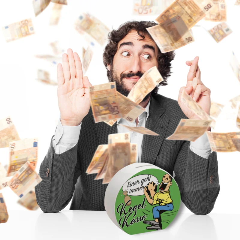 Kegelkasse Spardose Einer geht immer mit lustigem Kegelspieler Motiv