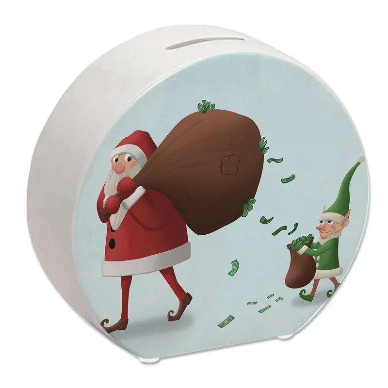 Weihnachtsmann mit einem Sack voll Geld und Weihnachtself Spardose