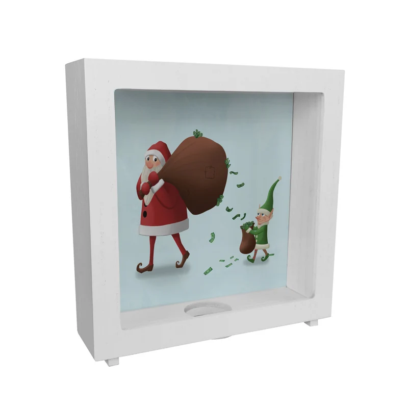 Weihnachtsmann mit einem Sack voll Geld und Weihnachtself Spardose