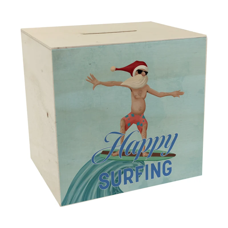 Happy Surfing witzige Spardose mit Weihnachtsmann auf Surfbrett