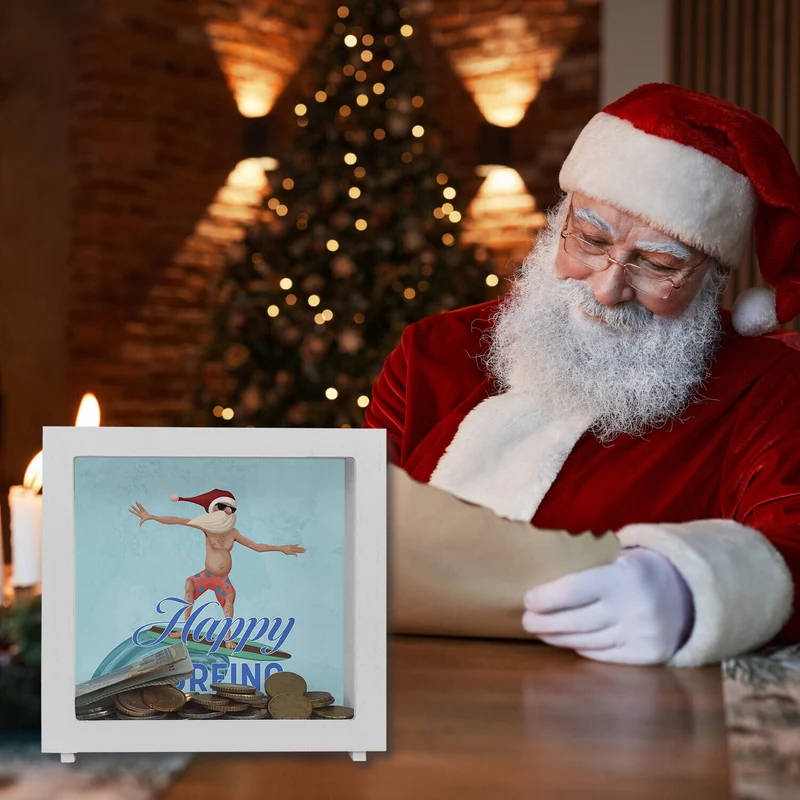 Happy Surfing witzige Spardose mit Weihnachtsmann auf Surfbrett