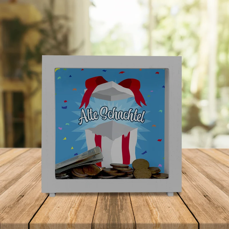 Alte Schachtel Spardose mit Geburtstagsgeschenk-Motiv