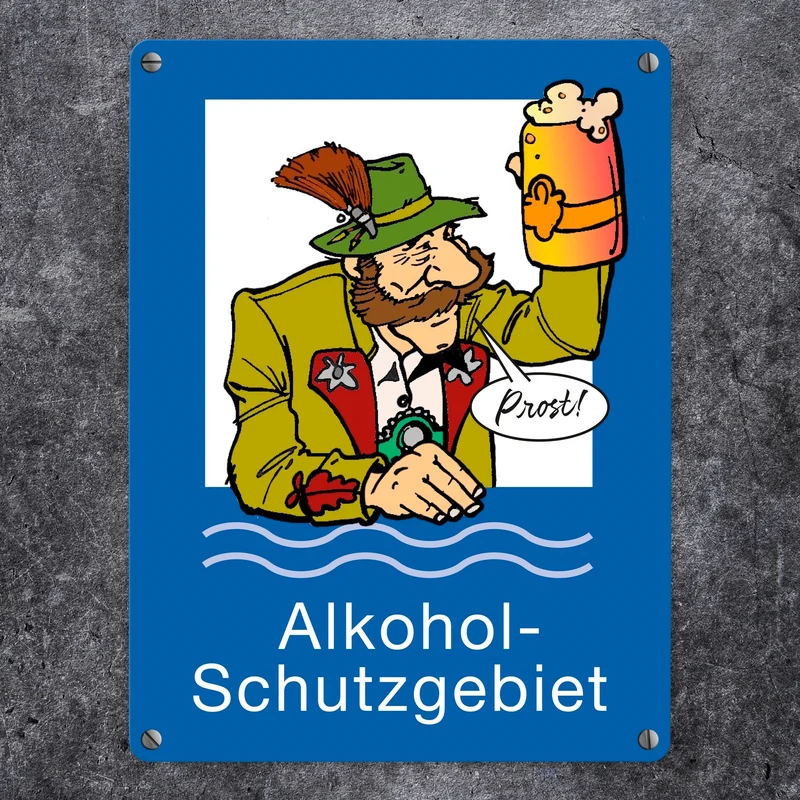 Alkoholschutzgebiet Metallschild in 15x20 cm mit lustiger Grafik