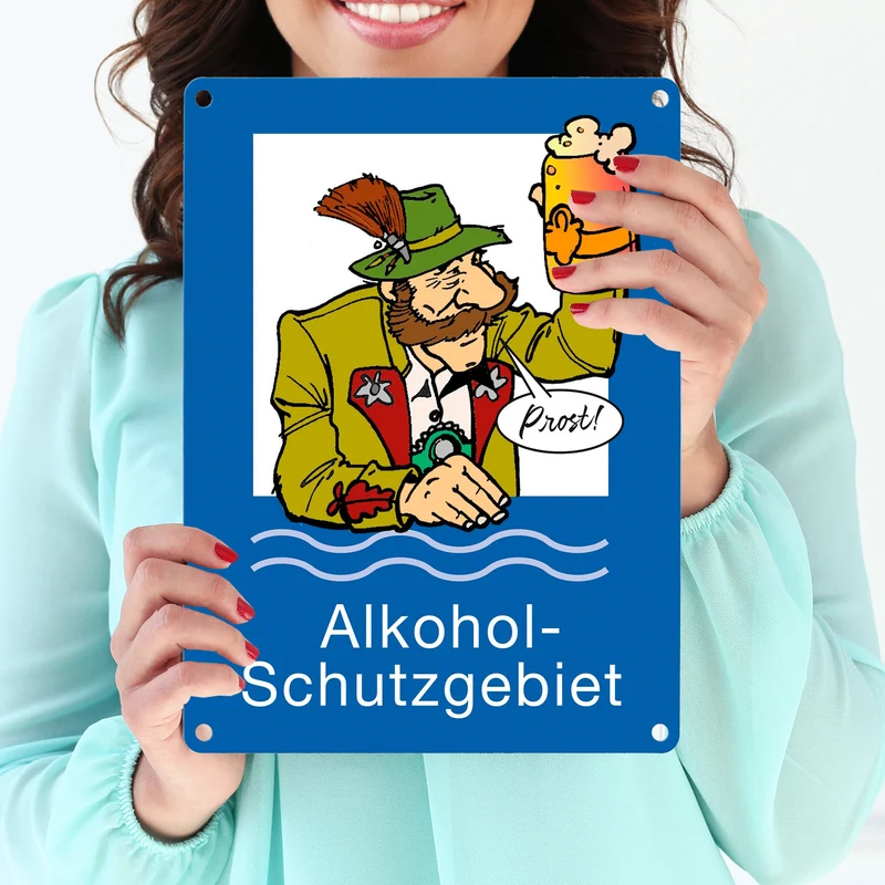 Alkoholschutzgebiet Metallschild in 15x20 cm mit lustiger Grafik