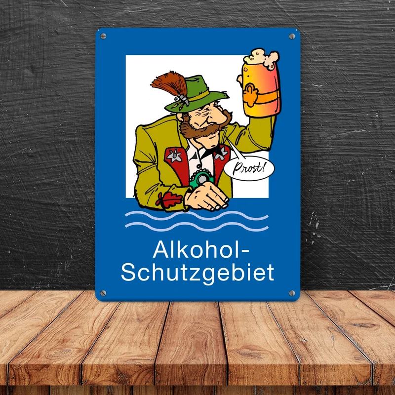 Alkoholschutzgebiet Metallschild in 15x20 cm mit lustiger Grafik