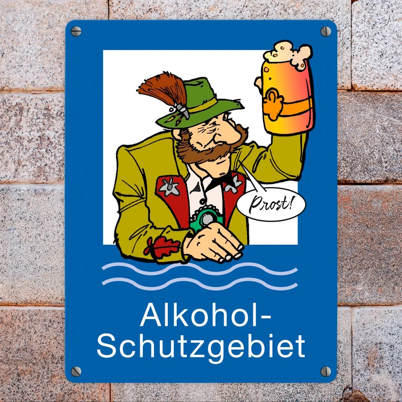Alkoholschutzgebiet Metallschild in 15x20 cm mit lustiger Grafik
