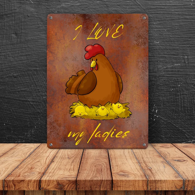 I love my ladies Huhn Metallschild in 15x20 cm mit Spruch