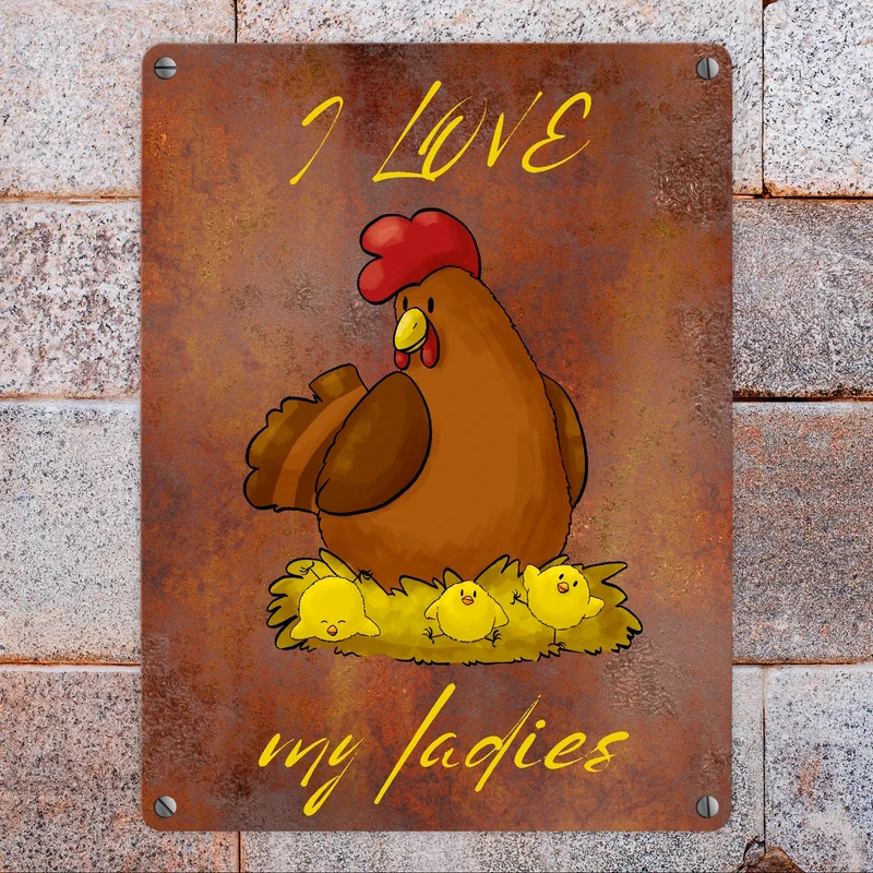 I love my ladies Huhn Metallschild in 15x20 cm mit Spruch