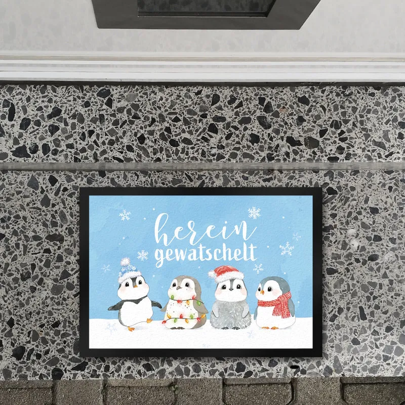 Pinguin Familie Fußmatte in 35x50 cm mit Spruch Hereingewatschelt