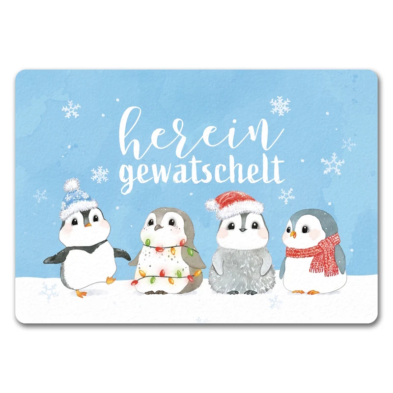 Pinguin Familie Fußmatte in 35x50 cm mit Spruch Hereingewatschelt