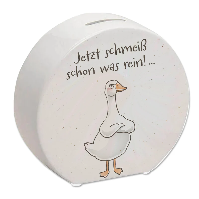 Gilbert die Gans Spardose mit Spruch Jetzt schmeiß schon was rein
