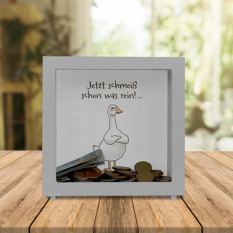 Gilbert die Gans Spardose mit Spruch Jetzt schmeiß schon was rein