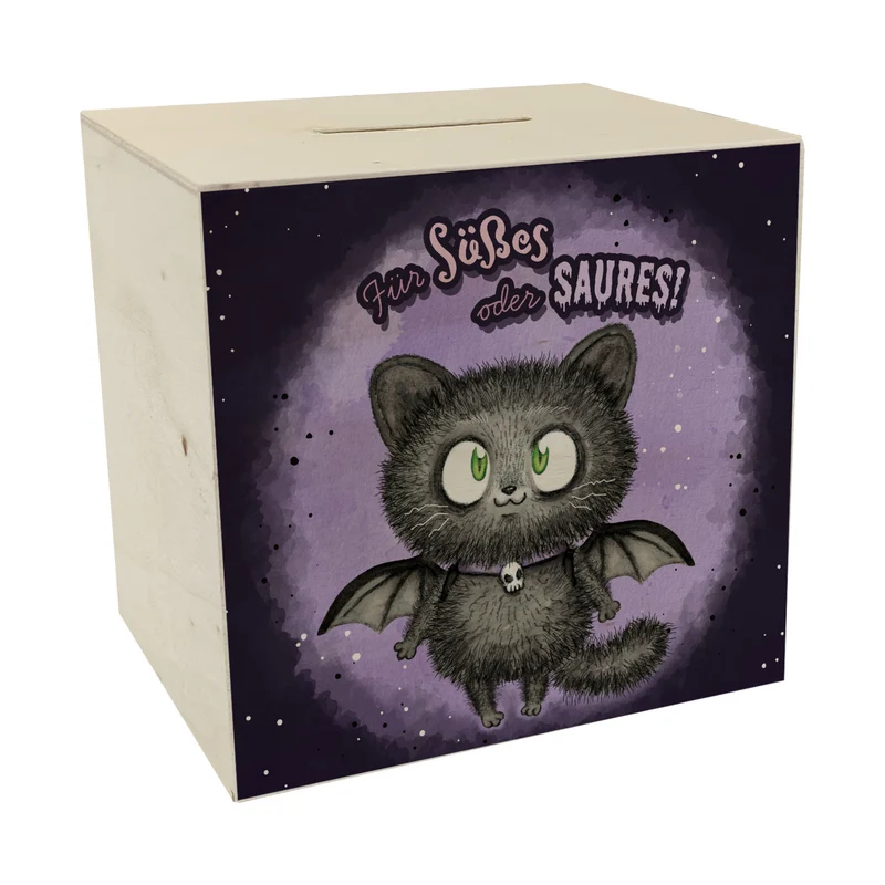 Schwarze Fledermaus-Katze Spardose mit Spruch Für Süßes oder Saures