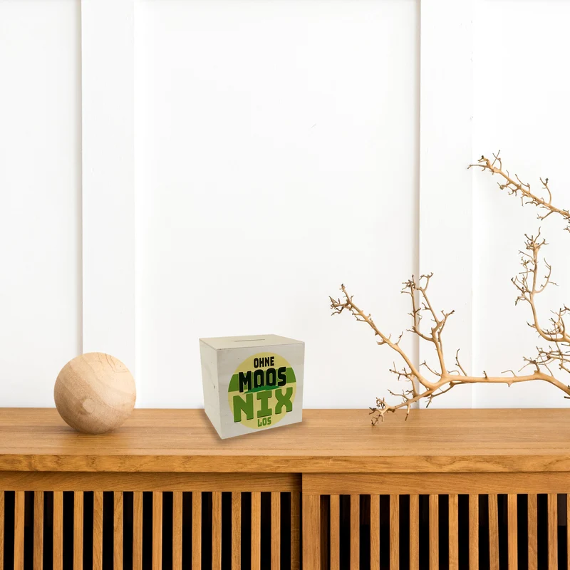 Spardose mit lustigem Motiv und Spruch: Ohne Moos nix los