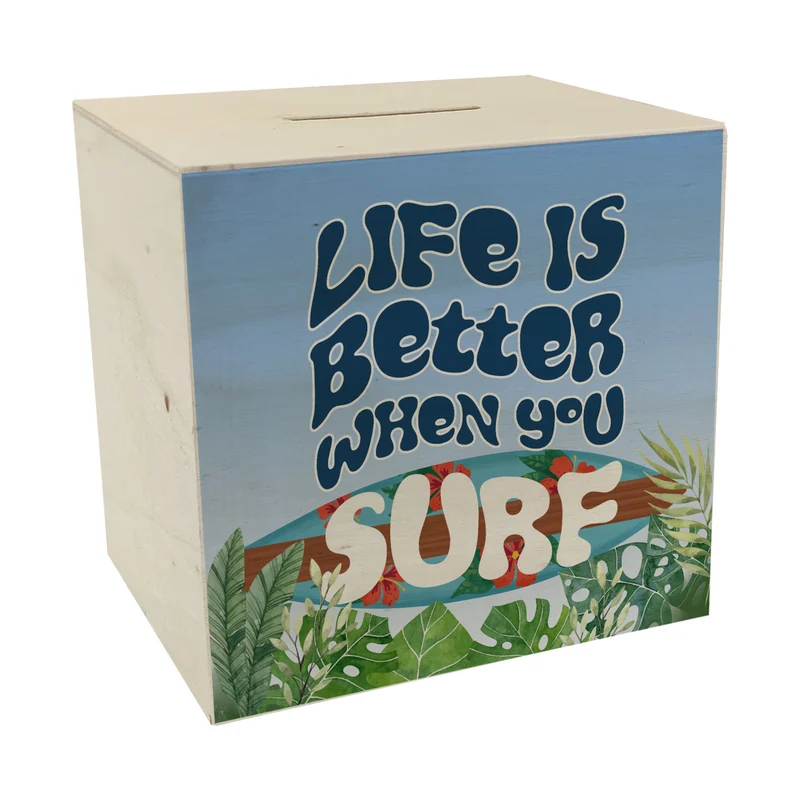 Spardose mit schönem Surfbrett Motiv und Spruch - Life is better when you surf