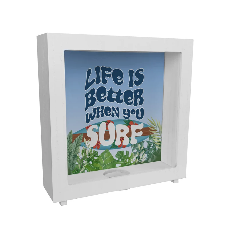 Spardose mit schönem Surfbrett Motiv und Spruch - Life is better when you surf