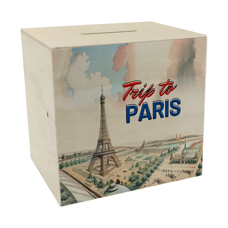 Trip to Paris Spardose mit Eiffelturm im Retro Style
