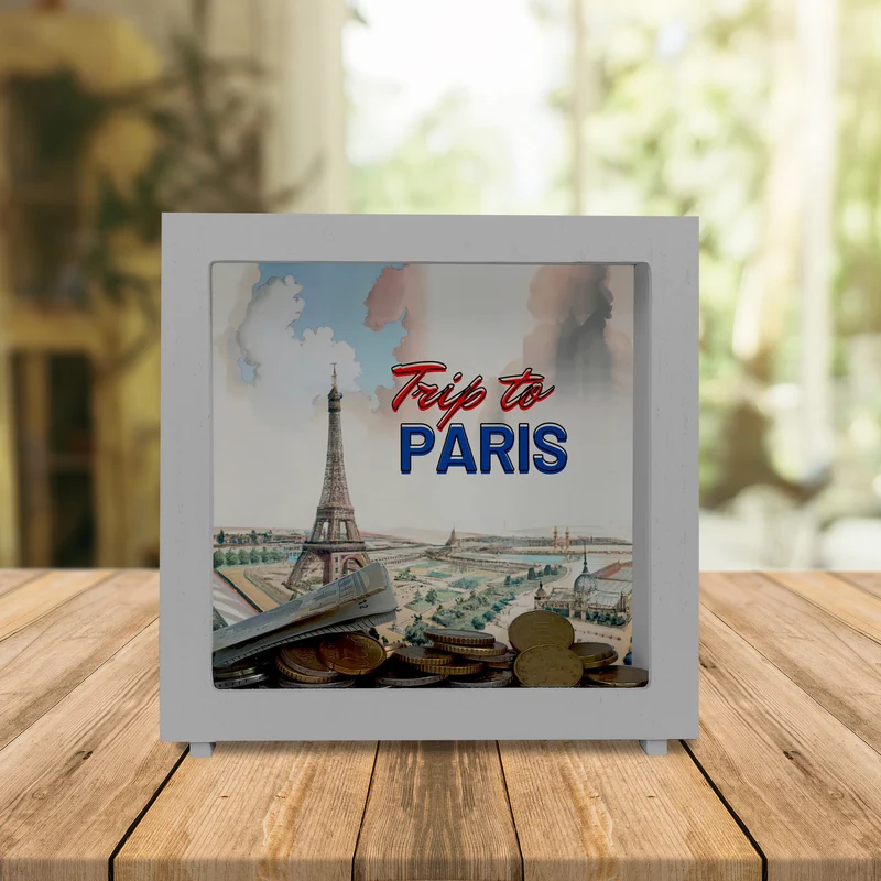Trip to Paris Spardose mit Eiffelturm im Retro Style