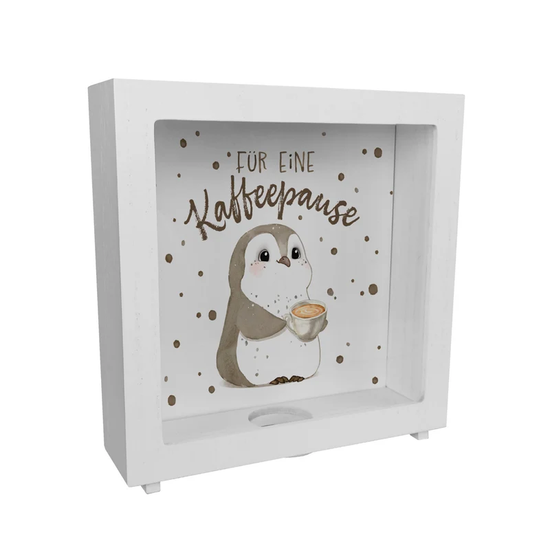Pinguin mit Cappuccino Spardose mit Spruch Für eine Kaffeepause