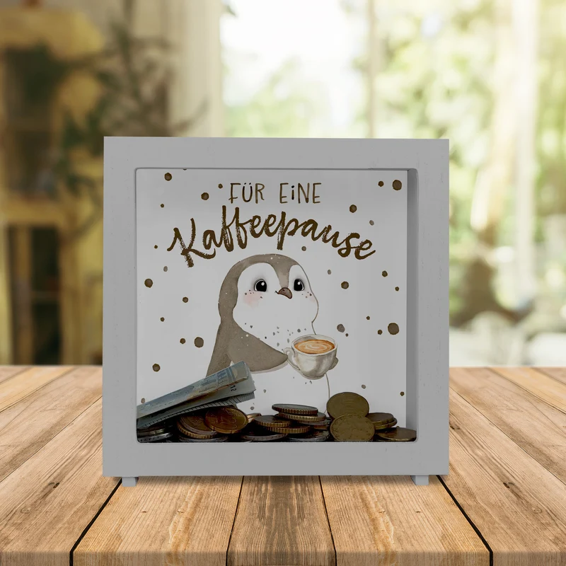 Pinguin mit Cappuccino Spardose mit Spruch Für eine Kaffeepause