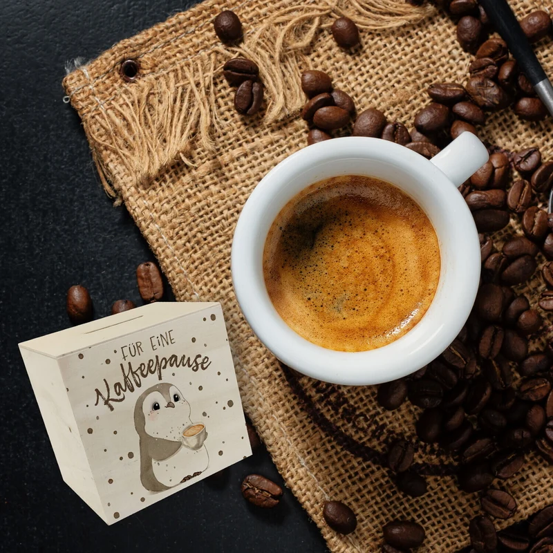 Pinguin mit Cappuccino Spardose mit Spruch Für eine Kaffeepause