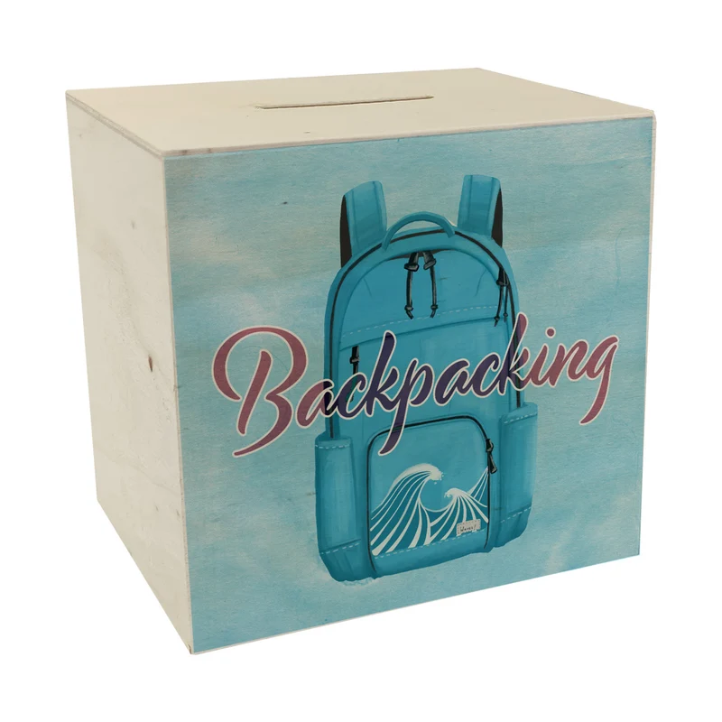Spardose für Rucksacktouristen mit Rucksack Motiv und Text - Backpacking