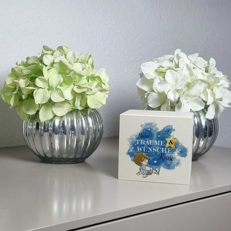 Spardose mit kleinem Jungen und Spruch - Meine Träume & Wünsche Kasse