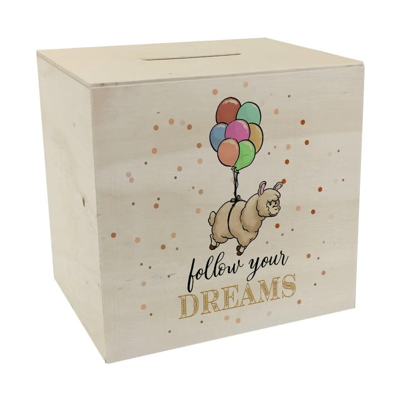 Spardose mit niedlichem Lama-Motiv und Spruch - Follow your dreams