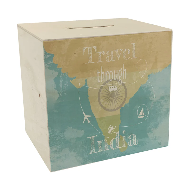 Spardose mit Indien Karte und Spruch - travel through Indien