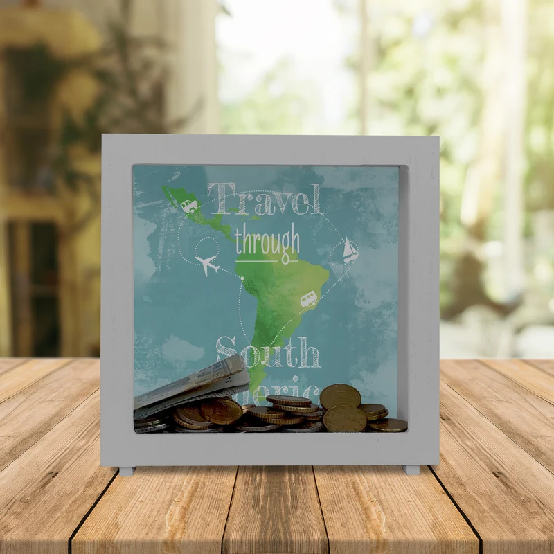 Spardose mit Südamerika Karte und Spruch - travel through Südamerika