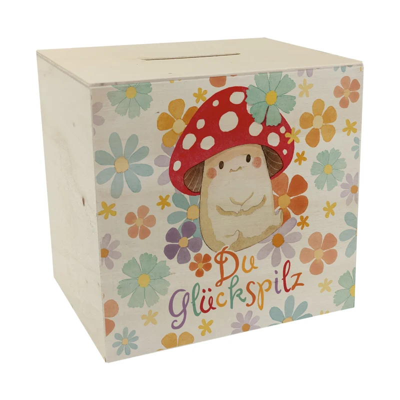 Du Glückspilz Spardose mit Blumen Hintergrund