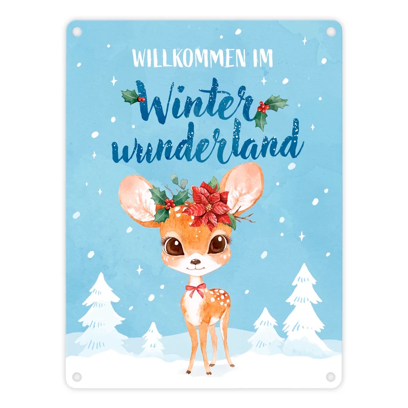 Rehkitz Metallschild in 15x20 cm mit Spruch Willkommen im Winterwunderland