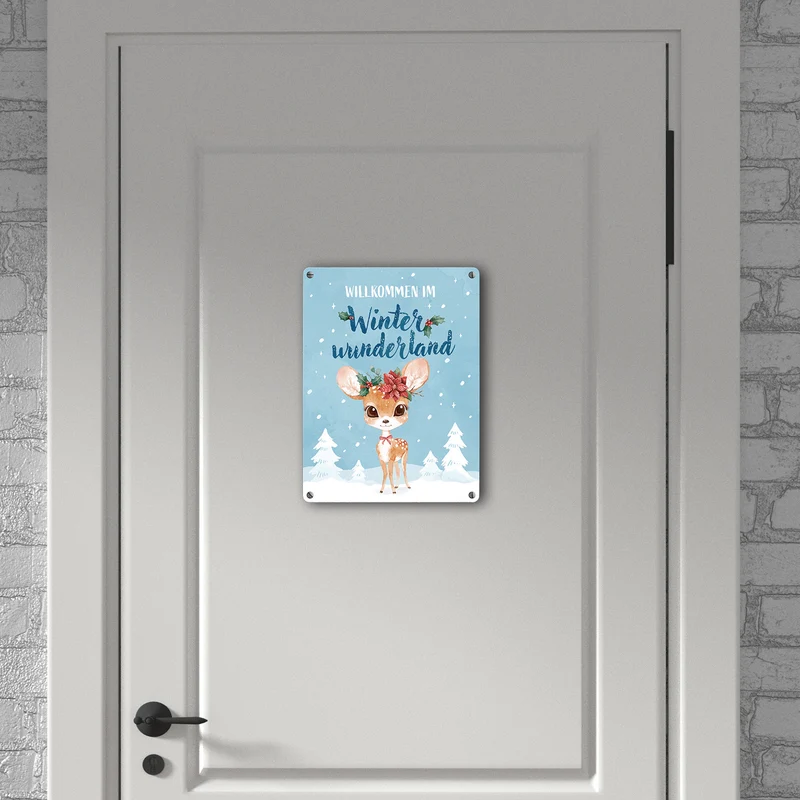 Rehkitz Metallschild in 15x20 cm mit Spruch Willkommen im Winterwunderland
