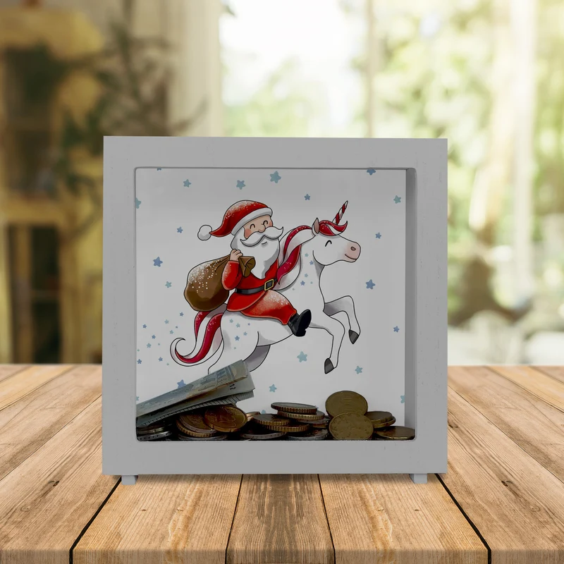Weihnachtsmann auf Einhorn Spardose