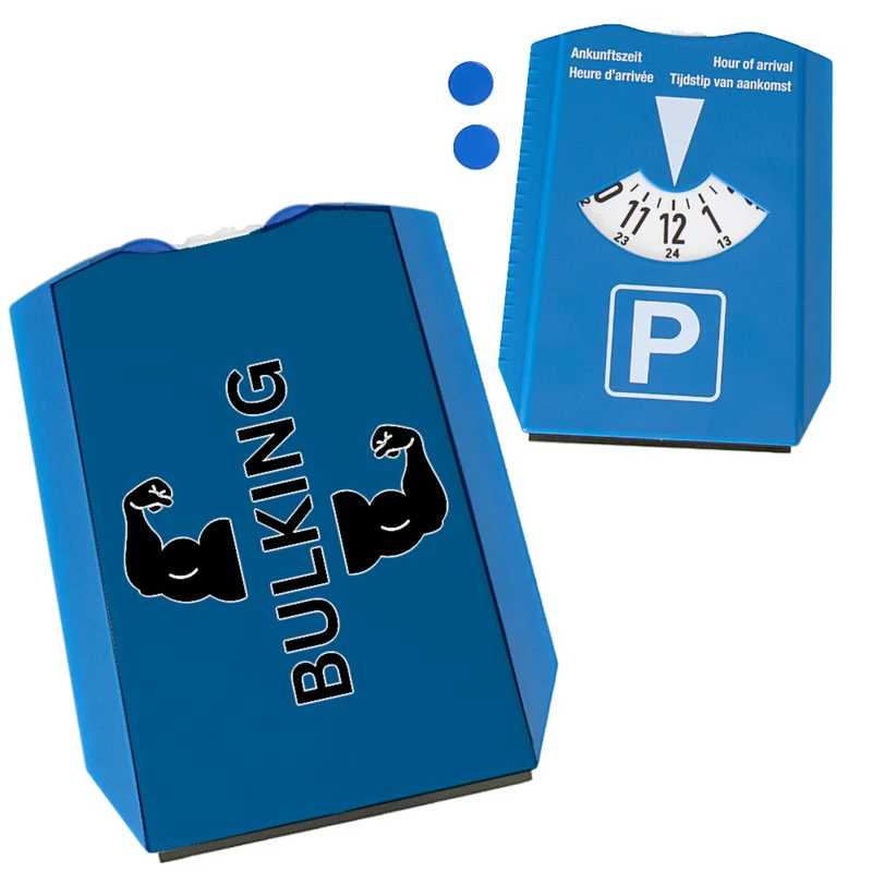 Fitness Parkscheibe in blau mit Spruch BULKING