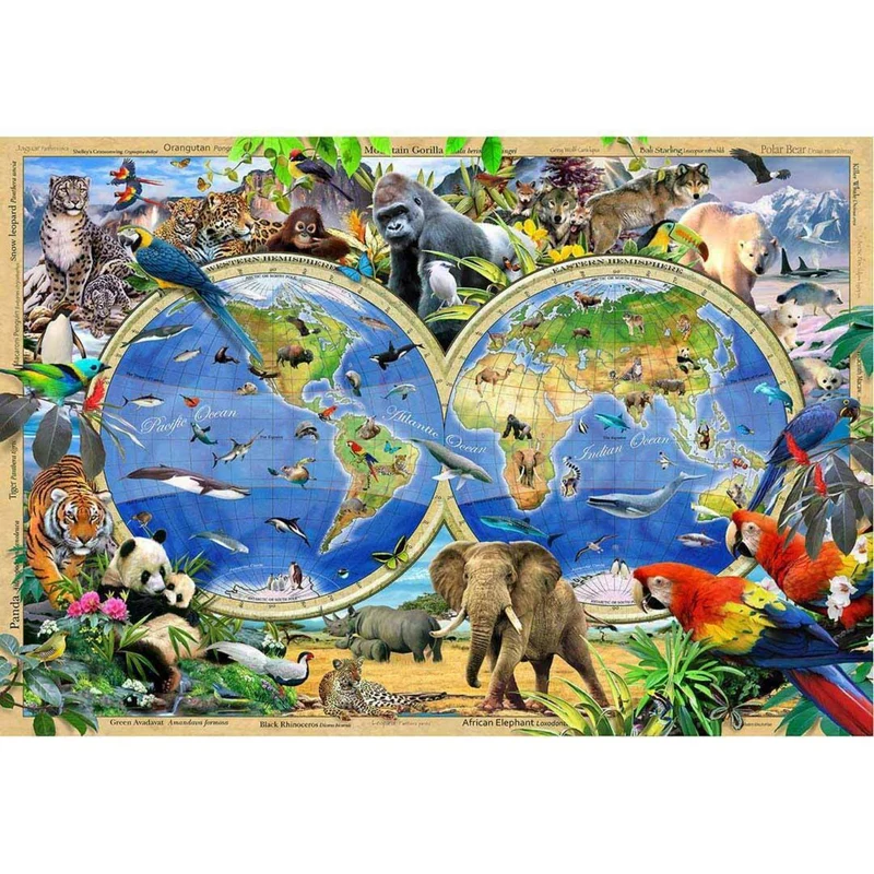 Wildtiere und Weltkarte Puzzle mit 150 Teilen aus Holz
