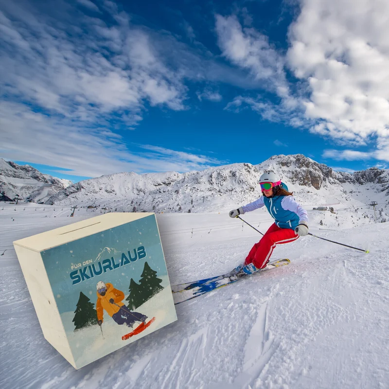 Für den Skiurlaub Spardose mit coolem Skifahrer