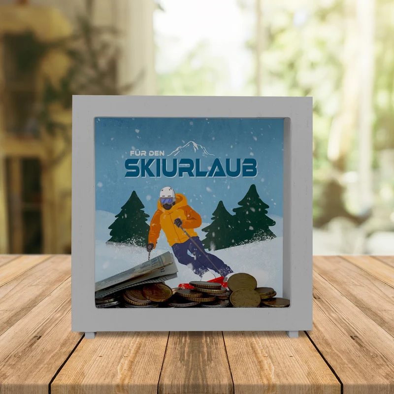 Für den Skiurlaub Spardose mit coolem Skifahrer