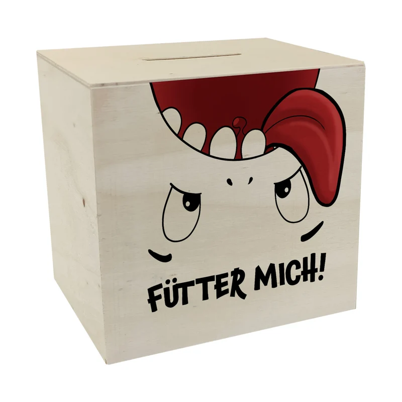Spardose mit Comicfigur und lustigem Spruch - Fütter mich!