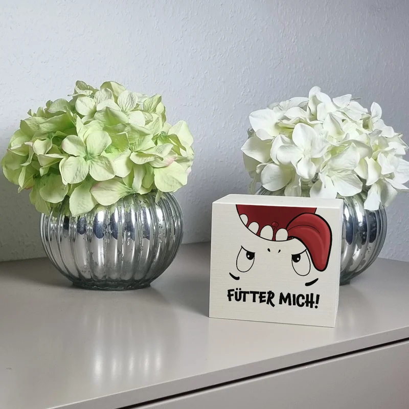 Spardose mit Comicfigur und lustigem Spruch - Fütter mich!