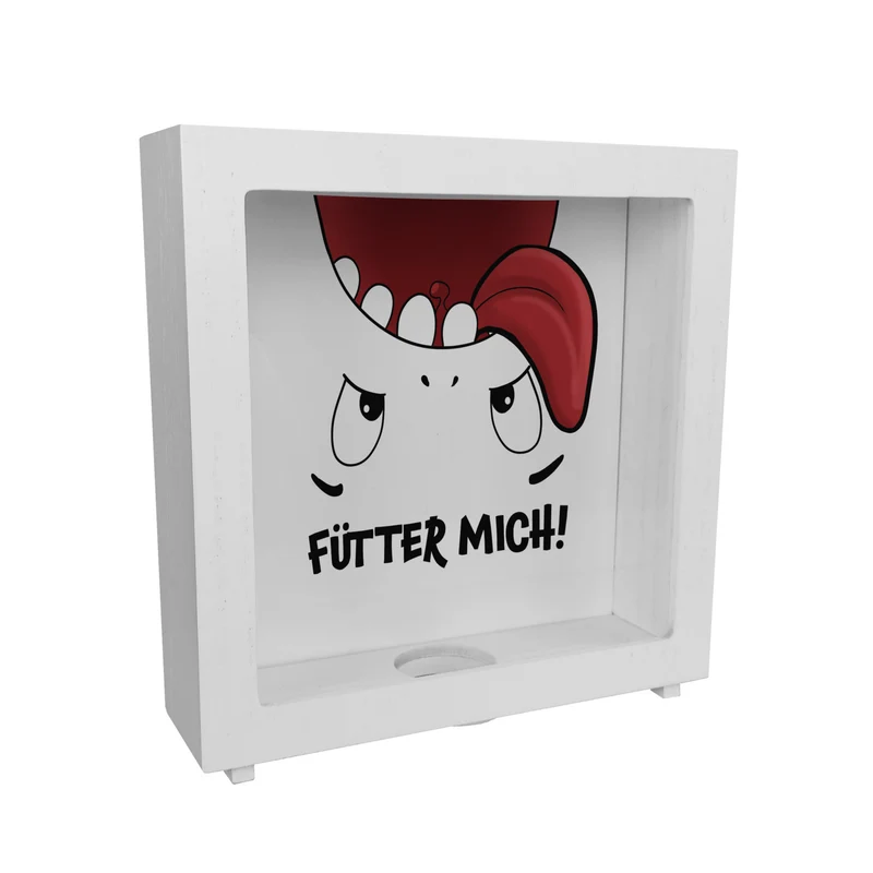 Spardose mit Comicfigur und lustigem Spruch - Fütter mich!