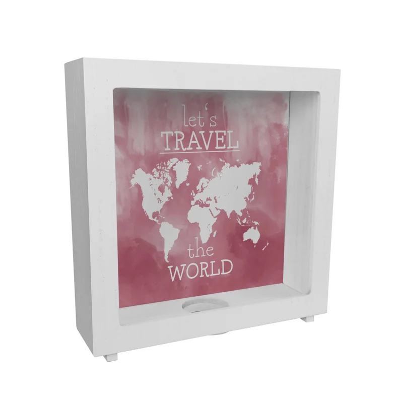 Spardose mit Weltkarten Motiv und Text - let's travel the world